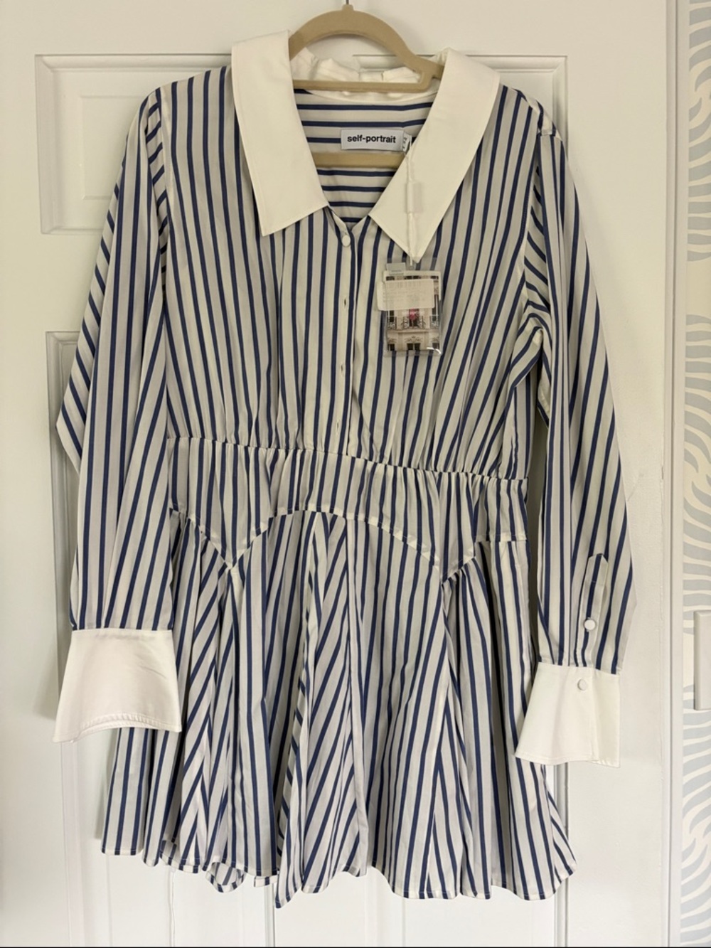Self-Portrait Navy and White Striped Cotton Dress with White Collar